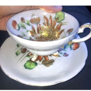 Trimont China flower Tea Cup + Saucer Occupied Japan Orange Gold Trim Tri Footed